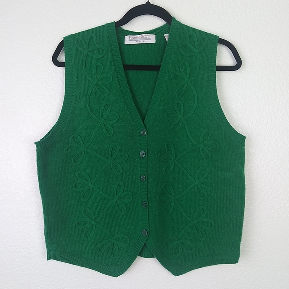 Karen Scott Jackets & Blazers - Vintage karen Scott vest knit floral linen blend  button up green western sz L